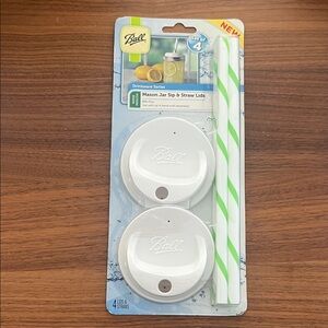 4- Pack_ Ball Mason Jar Sip & Straw Lids - White with Green Stripe Straws